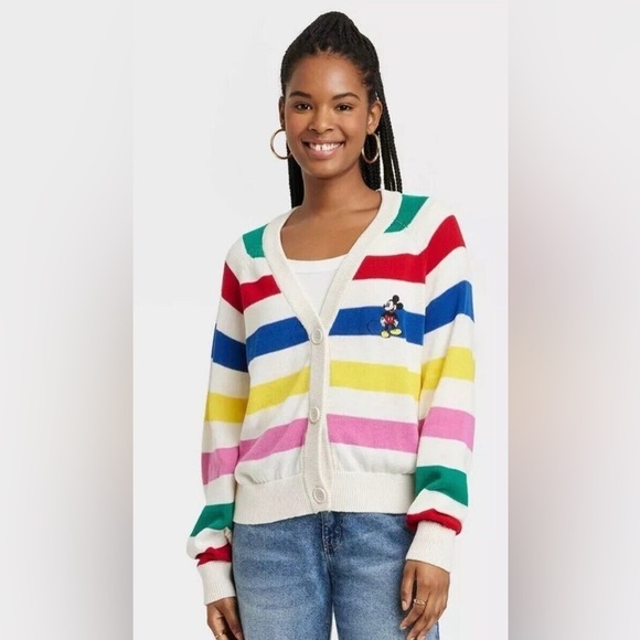 Disney Sweaters - DISNEY 100 Women's Vneck Rainbow Mickey Mouse Embroidered Cardigan Size 2X